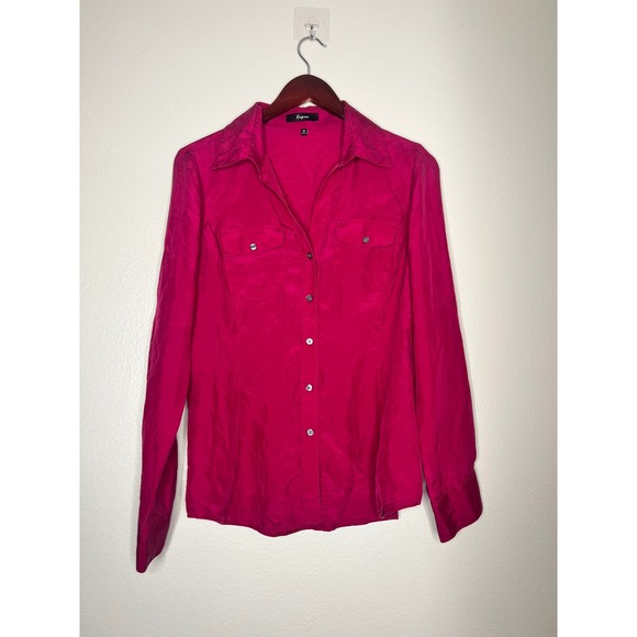 Express Tops - Express Vintage 100% Silk Magenta Pink Roll Tab Button Down Shirt Long Sleeve